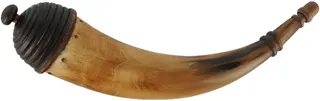 Powder Horn,
10-1/2", paneled tip,
raised strap ring, turned maple base